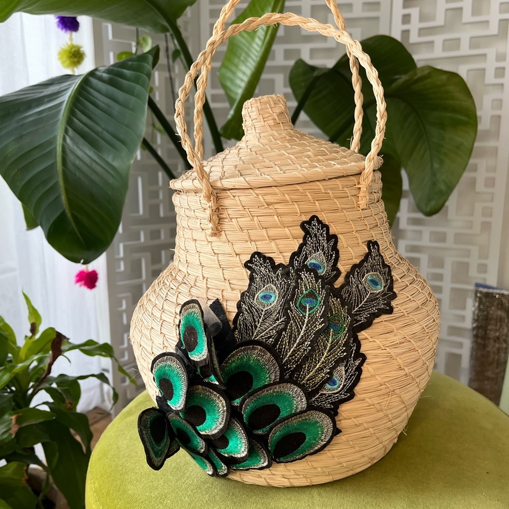 Woven Basket with Peacock Feather Design